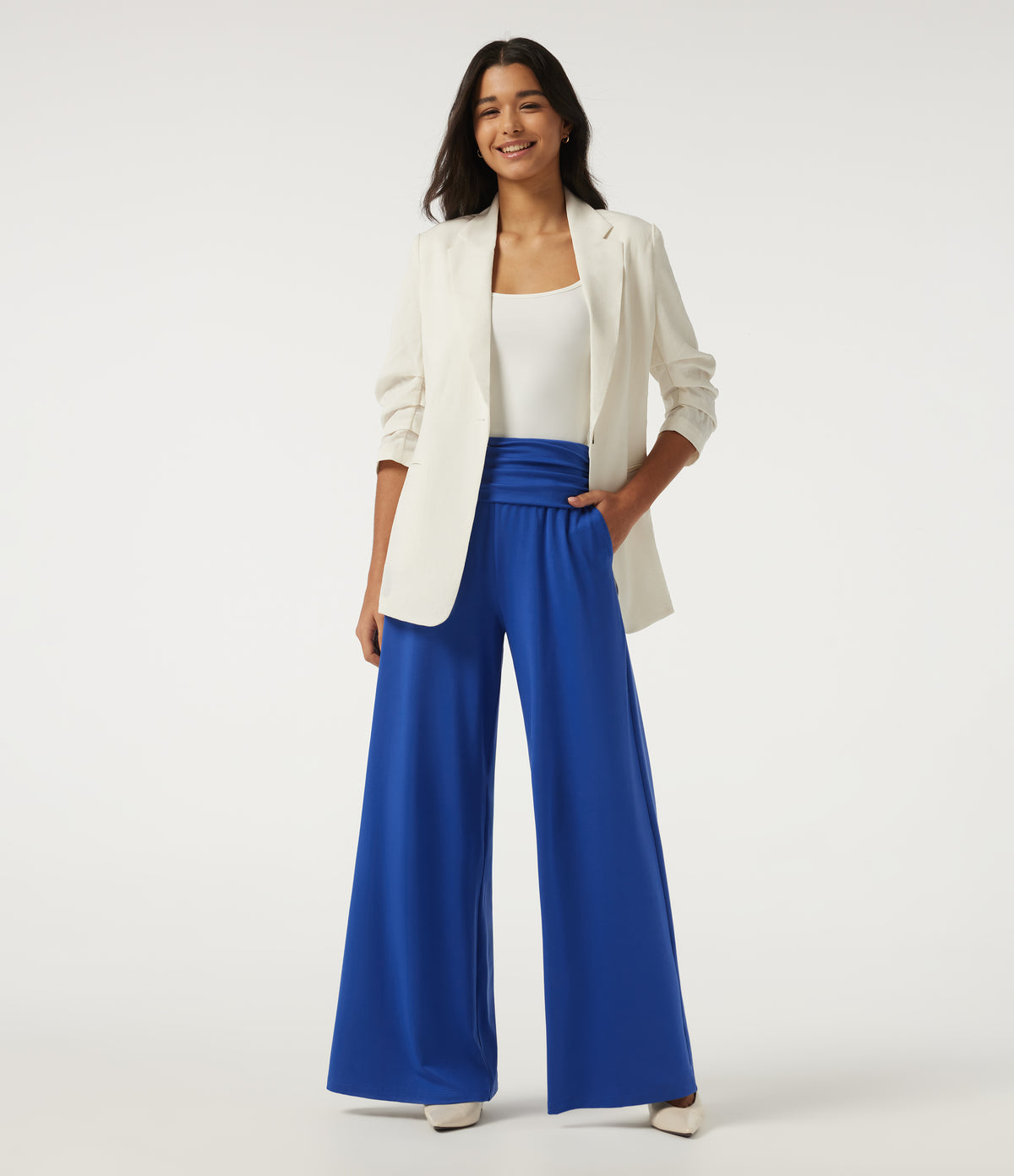 High Waisted Ruched Wide Leg Work Trousers with Pockets — Beaucoup Blue — view 6