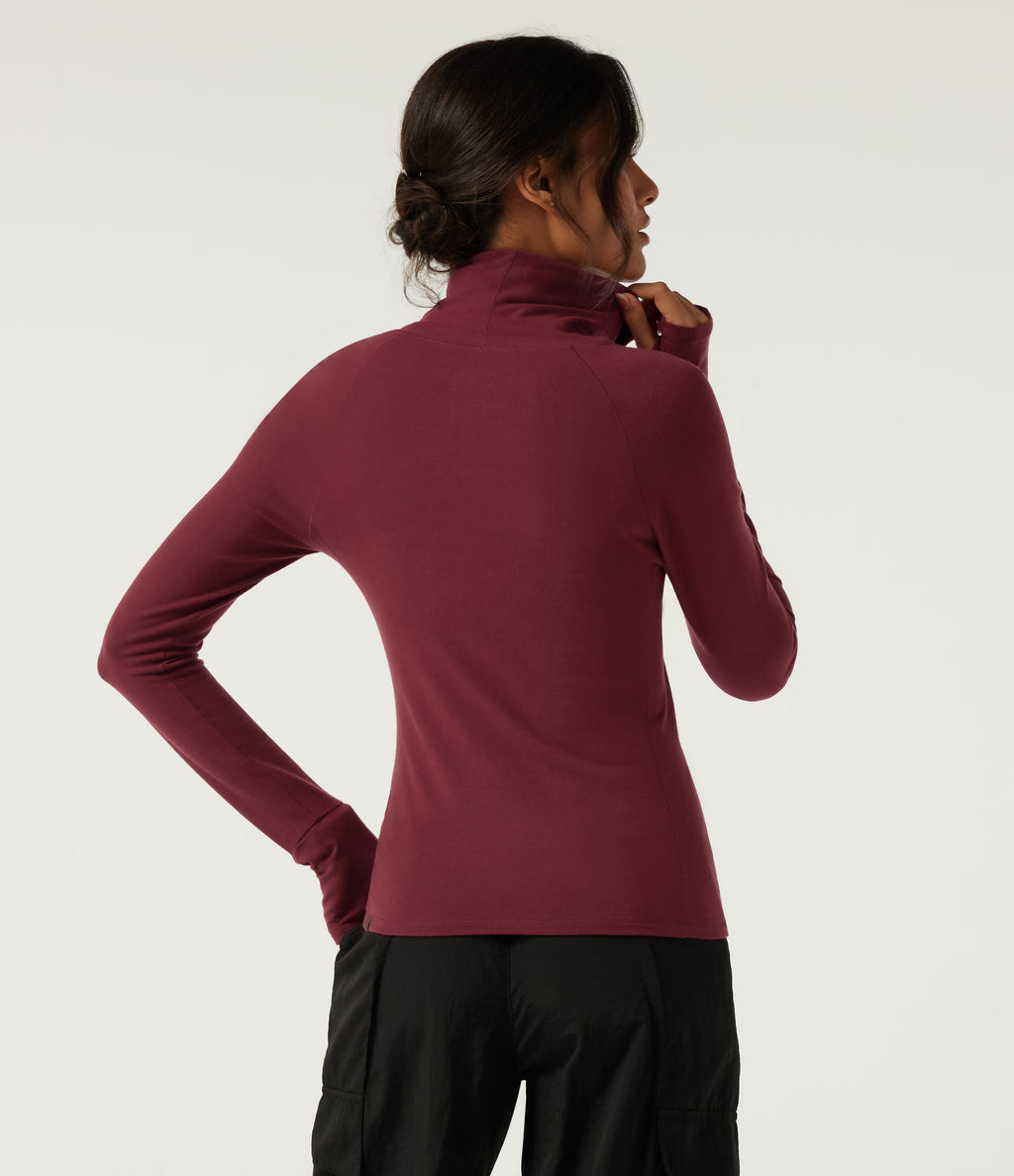 HeatCore High Neck Raglan Long Sleeve Casual Warming Top with Thumb Holes — Cordovan — view 2