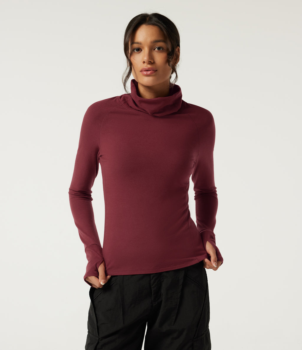 HeatCore High Neck Raglan Long Sleeve Casual Warming Top with Thumb Holes — Cordovan — view 4