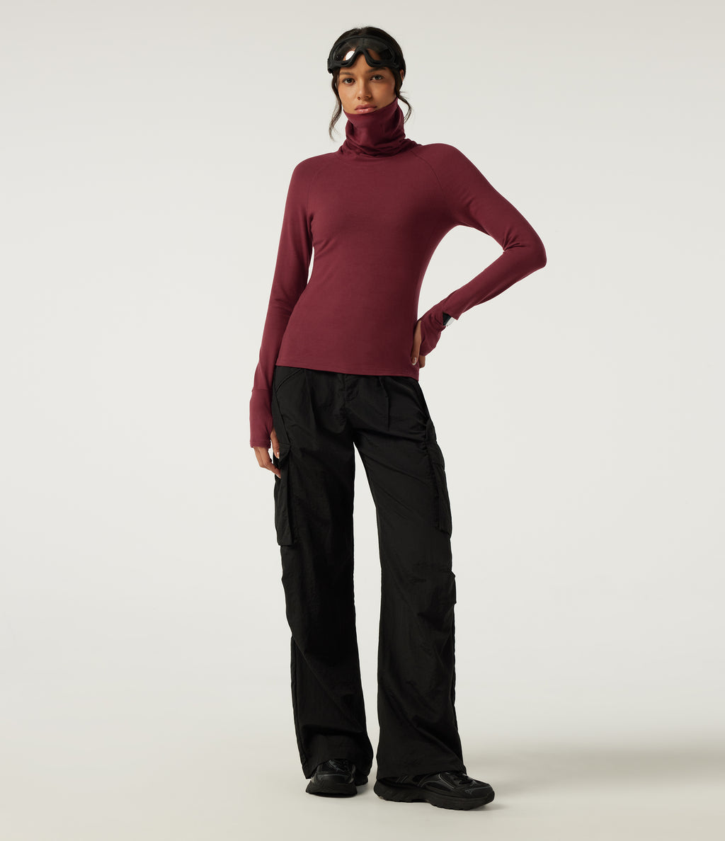 HeatCore High Neck Raglan Long Sleeve Casual Warming Top with Thumb Holes — Cordovan — view 7