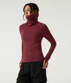 HeatCore High Neck Raglan Long Sleeve Casual Warming Top with Thumb Holes — Cordovan — view 3