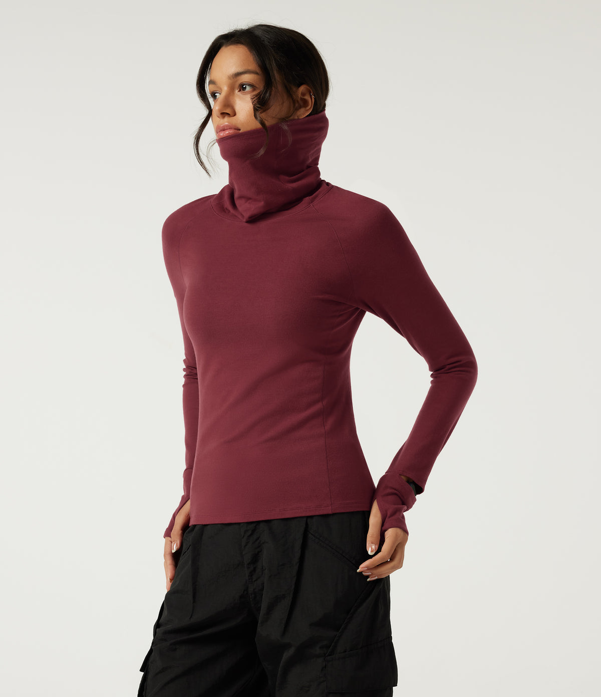 HeatCore High Neck Raglan Long Sleeve Casual Warming Top with Thumb Holes — Cordovan — view 3