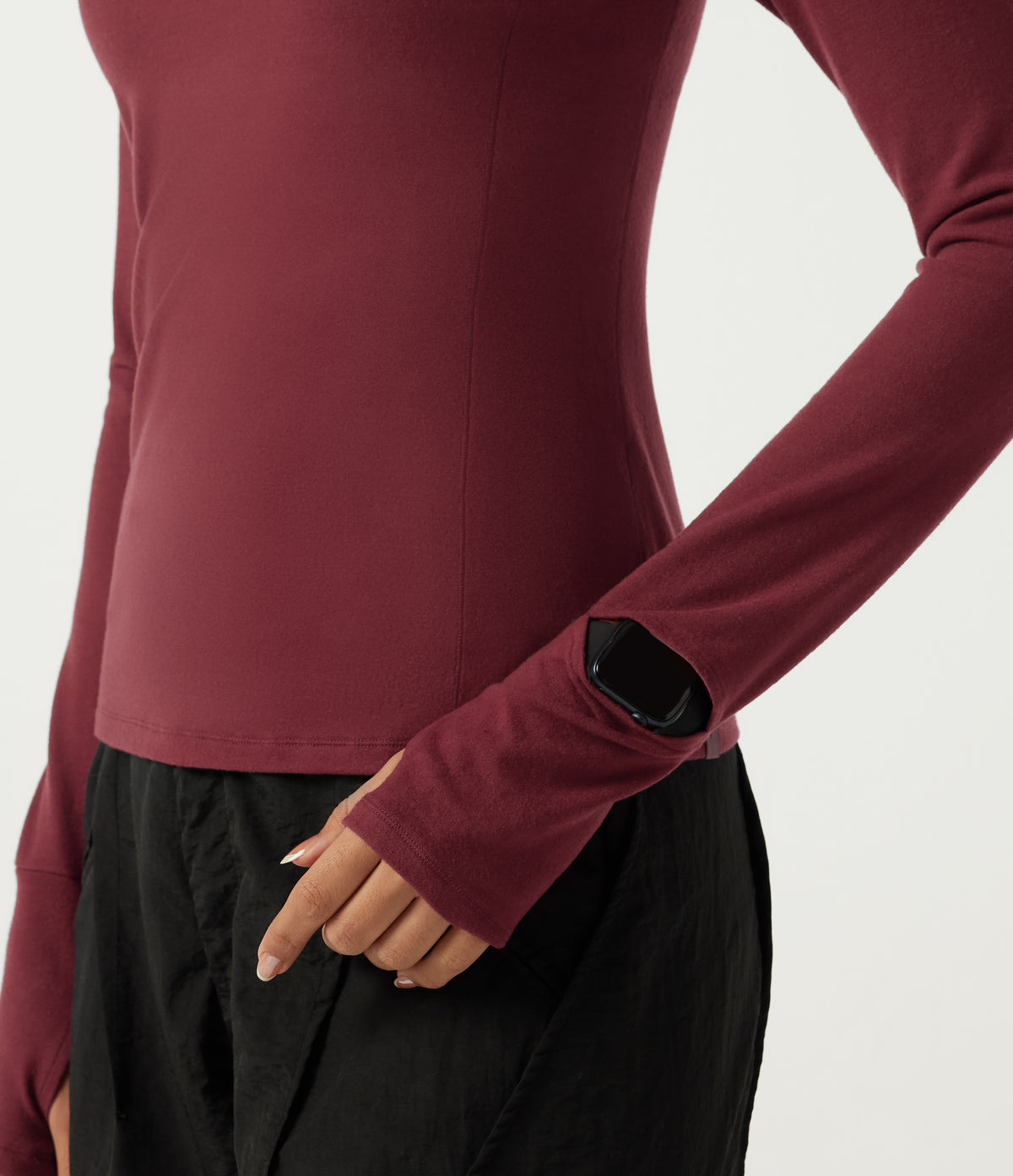 HeatCore High Neck Raglan Long Sleeve Casual Warming Top with Thumb Holes — Cordovan — view 6