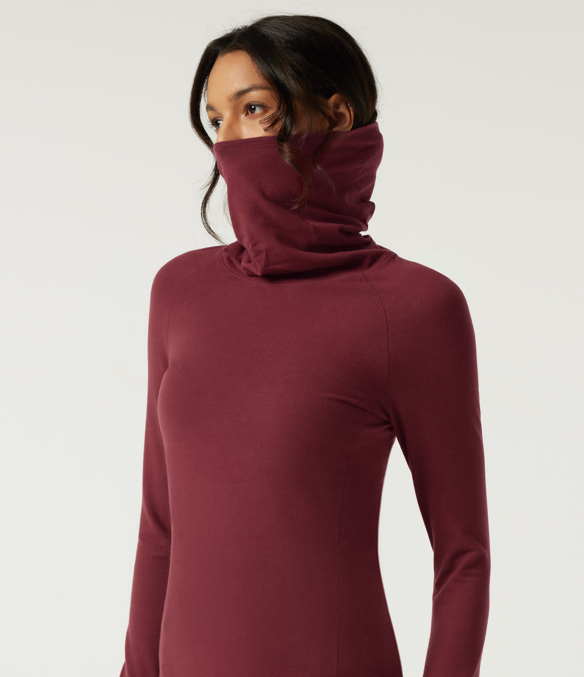 HeatCore High Neck Raglan Long Sleeve Casual Warming Top with Thumb Holes — Cordovan — view 5