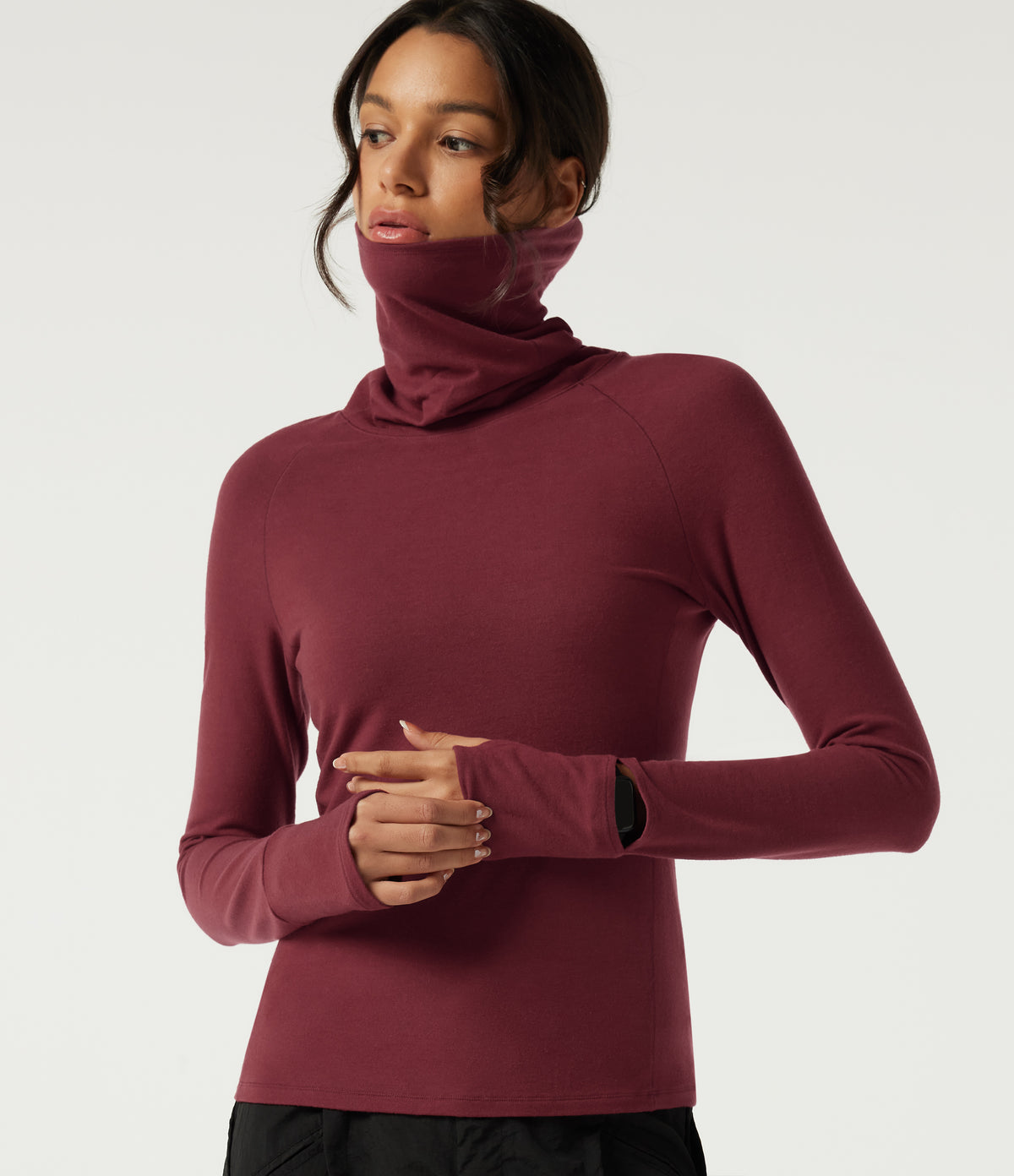 HeatCore High Neck Raglan Long Sleeve Casual Warming Top with Thumb Holes — Cordovan — view 1