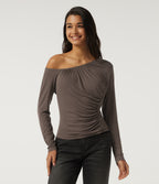 One Shoulder Long Sleeve Ruched Casual Top — Redwood Chip — view 4
