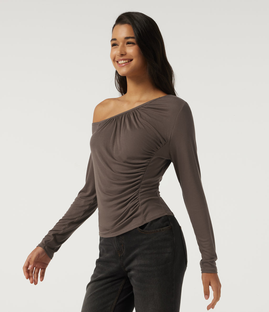 One Shoulder Long Sleeve Ruched Casual Top — Redwood Chip — view 3
