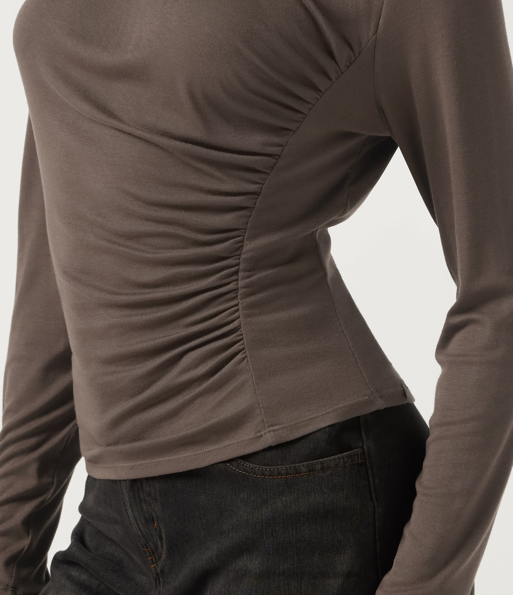 One Shoulder Long Sleeve Ruched Casual Top — Redwood Chip — view 6