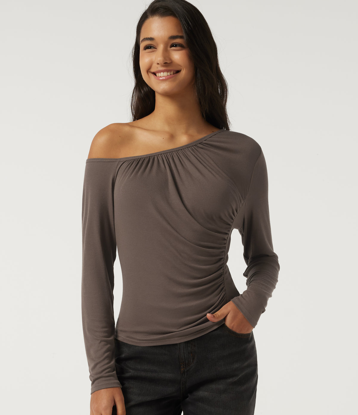 One Shoulder Long Sleeve Ruched Casual Top — Redwood Chip — view 1