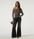 One Shoulder Long Sleeve Ruched Casual Top — Redwood Chip — view 7