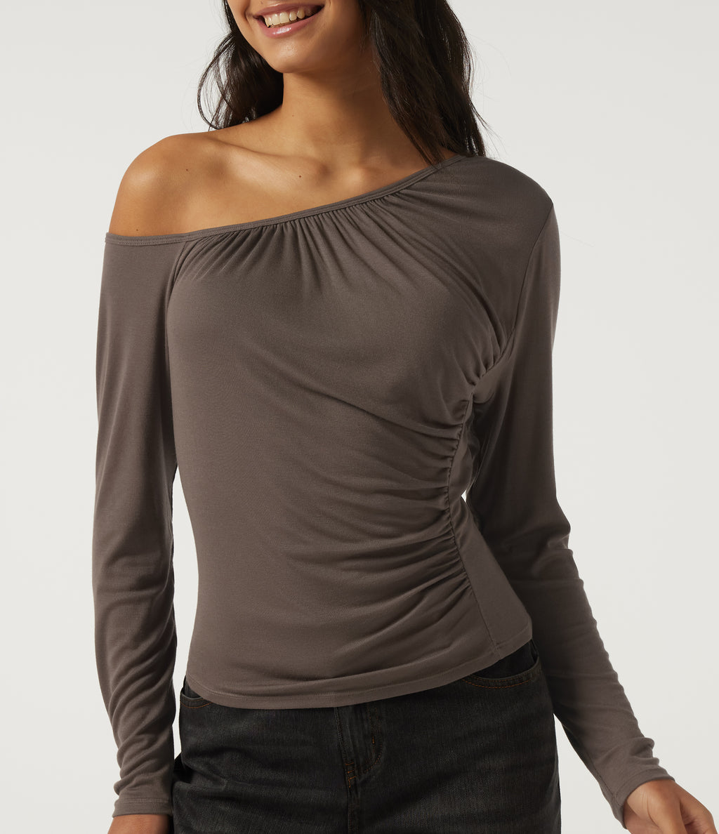 One Shoulder Long Sleeve Ruched Casual Top — Redwood Chip — view 5