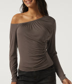 One Shoulder Long Sleeve Ruched Casual Top — Redwood Chip — view 5