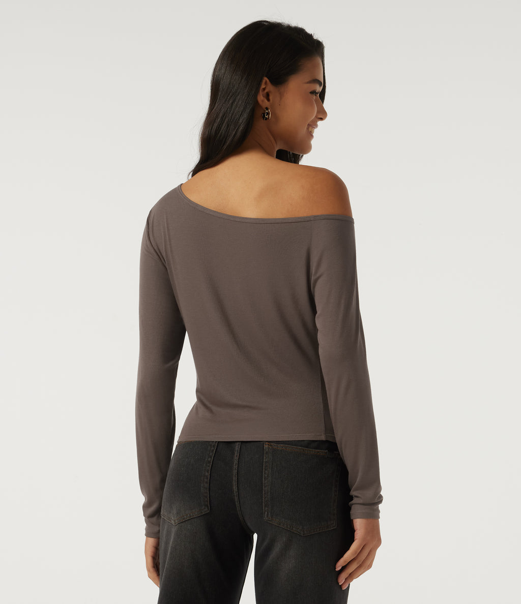 One Shoulder Long Sleeve Ruched Casual Top — Redwood Chip — view 2