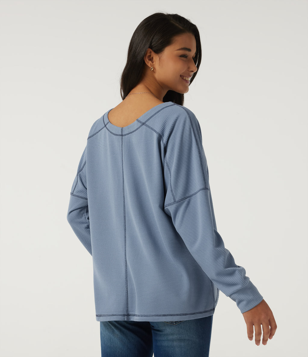V Neck Long Sleeve Waffle Casual T-Shirt — Troposphere — view 2