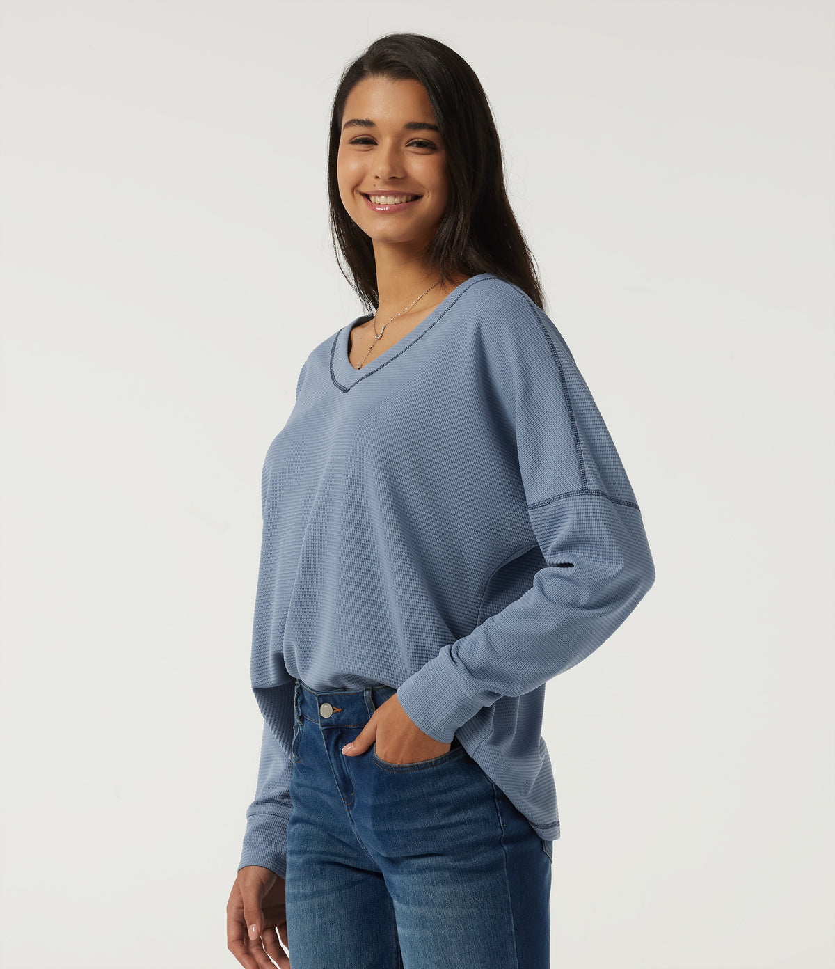 V Neck Long Sleeve Waffle Casual T-Shirt — Troposphere — view 3