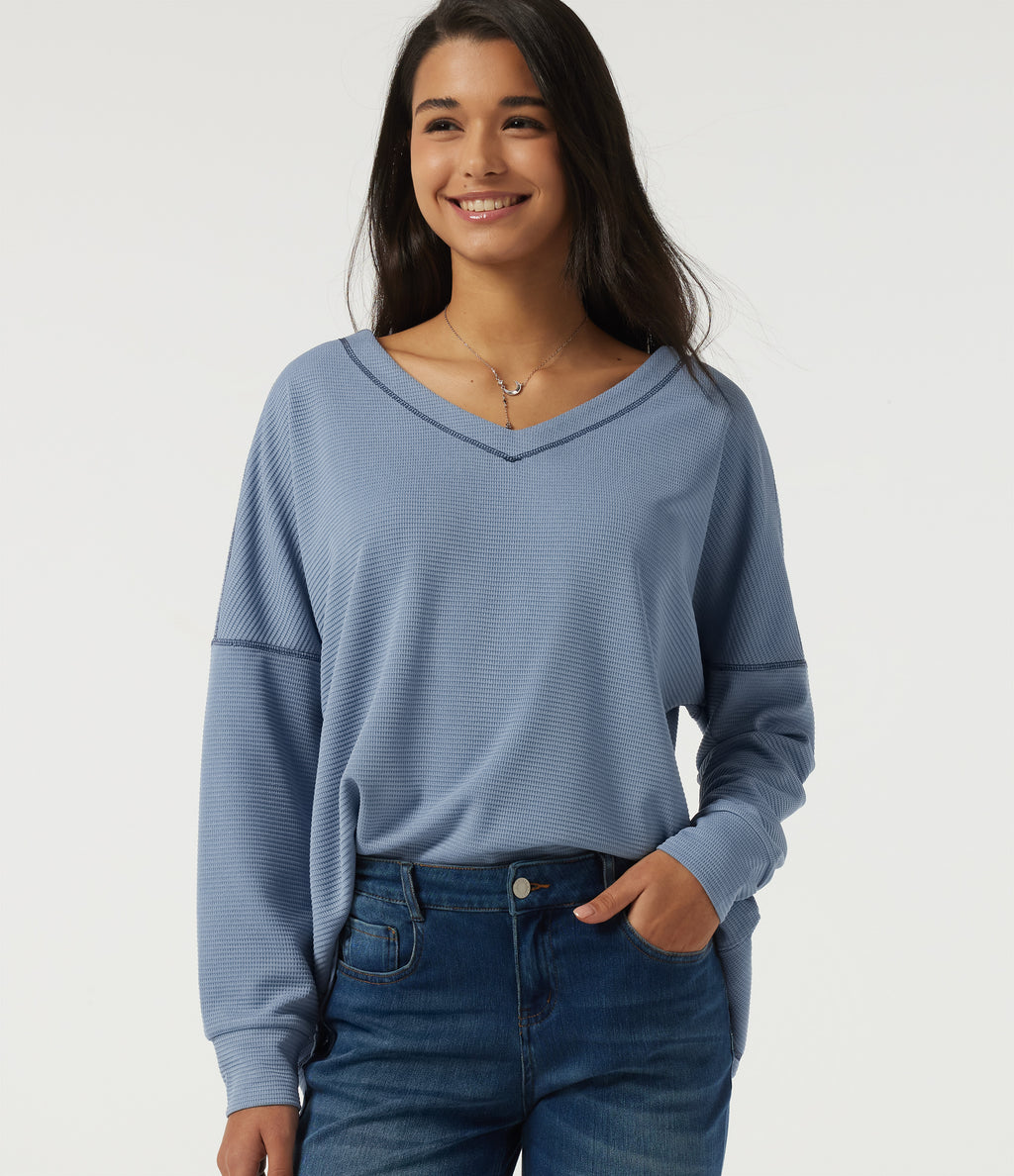 V Neck Long Sleeve Waffle Casual T-Shirt — Troposphere — view 1