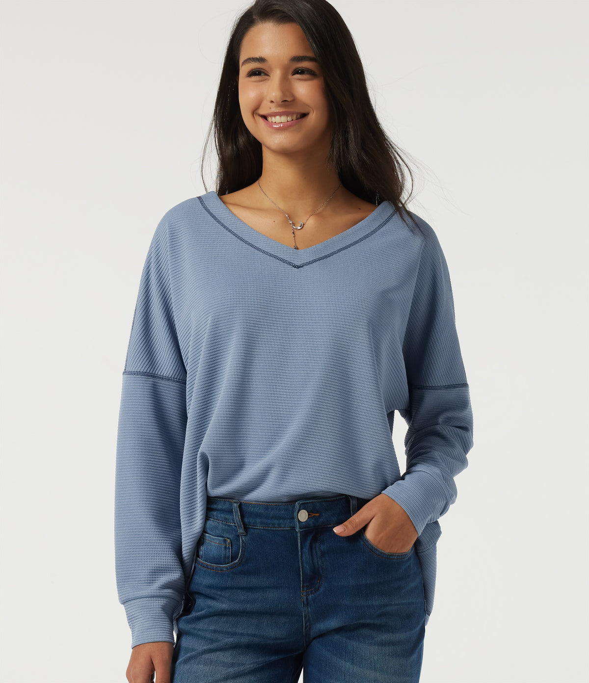 V Neck Long Sleeve Waffle Casual T-Shirt — Troposphere — view 1