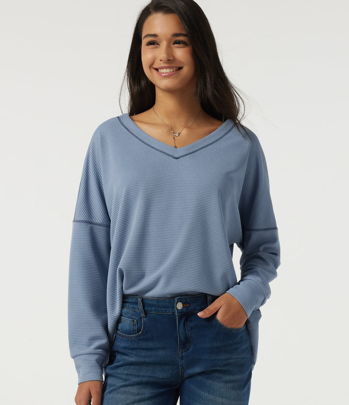 V Neck Long Sleeve Waffle Casual T-Shirt — Troposphere — view 1