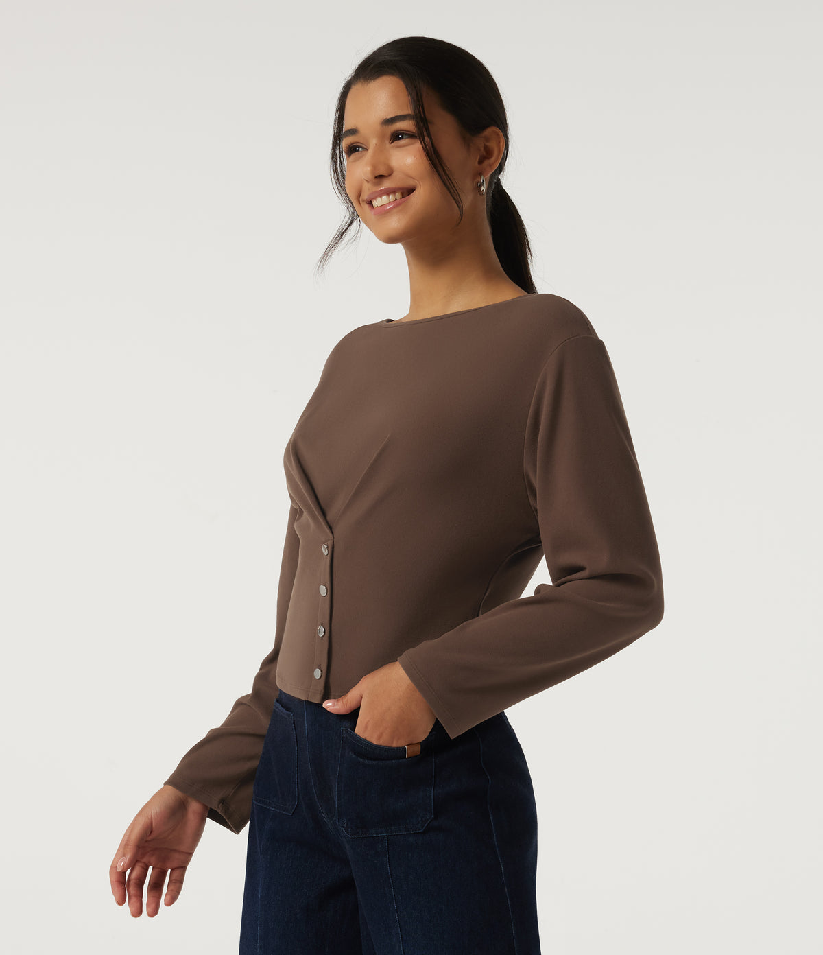 Boat Neck Long Sleeve Casual Top — Carafe — view 3