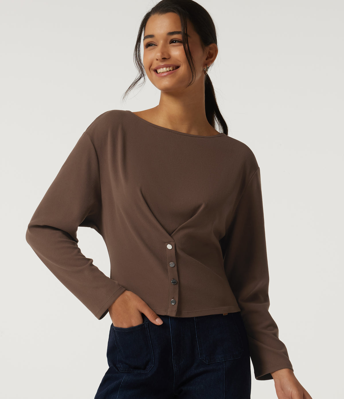 Boat Neck Long Sleeve Casual Top — Carafe — view 1