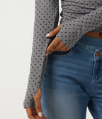 Round Neck Long Sleeve Ruched Polka Dot Yoga Sports Top with Thumb Holes — Foggy Grey Dot — view 6