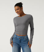 Round Neck Long Sleeve Ruched Polka Dot Yoga Sports Top with Thumb Holes — Foggy Grey Dot — view 4