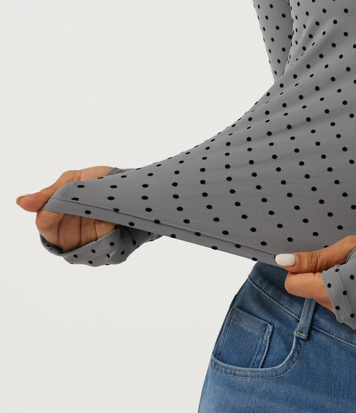 Round Neck Long Sleeve Ruched Polka Dot Yoga Sports Top with Thumb Holes — Foggy Grey Dot — view 7