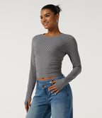 Round Neck Long Sleeve Ruched Polka Dot Yoga Sports Top with Thumb Holes — Foggy Grey Dot — view 3