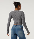 Round Neck Long Sleeve Ruched Polka Dot Yoga Sports Top with Thumb Holes — Foggy Grey Dot — view 2