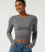 Round Neck Long Sleeve Ruched Polka Dot Yoga Sports Top with Thumb Holes — Foggy Grey Dot — view 1