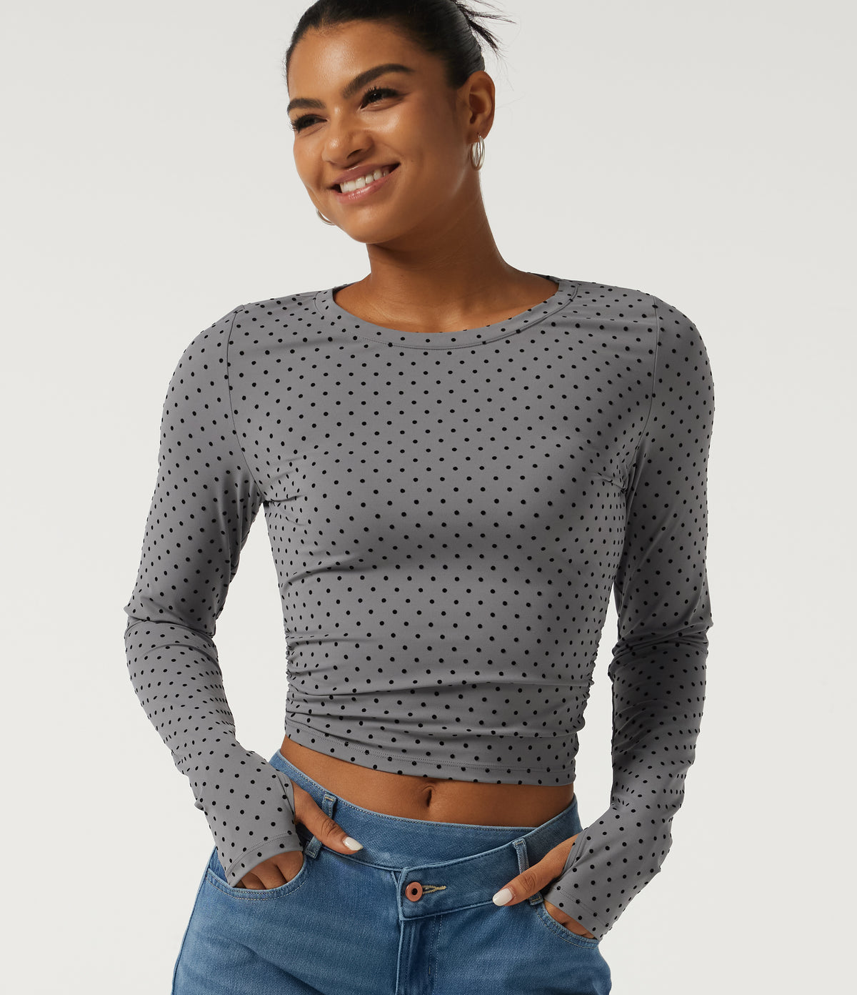Round Neck Long Sleeve Ruched Polka Dot Yoga Sports Top with Thumb Holes — Foggy Grey Dot — view 1
