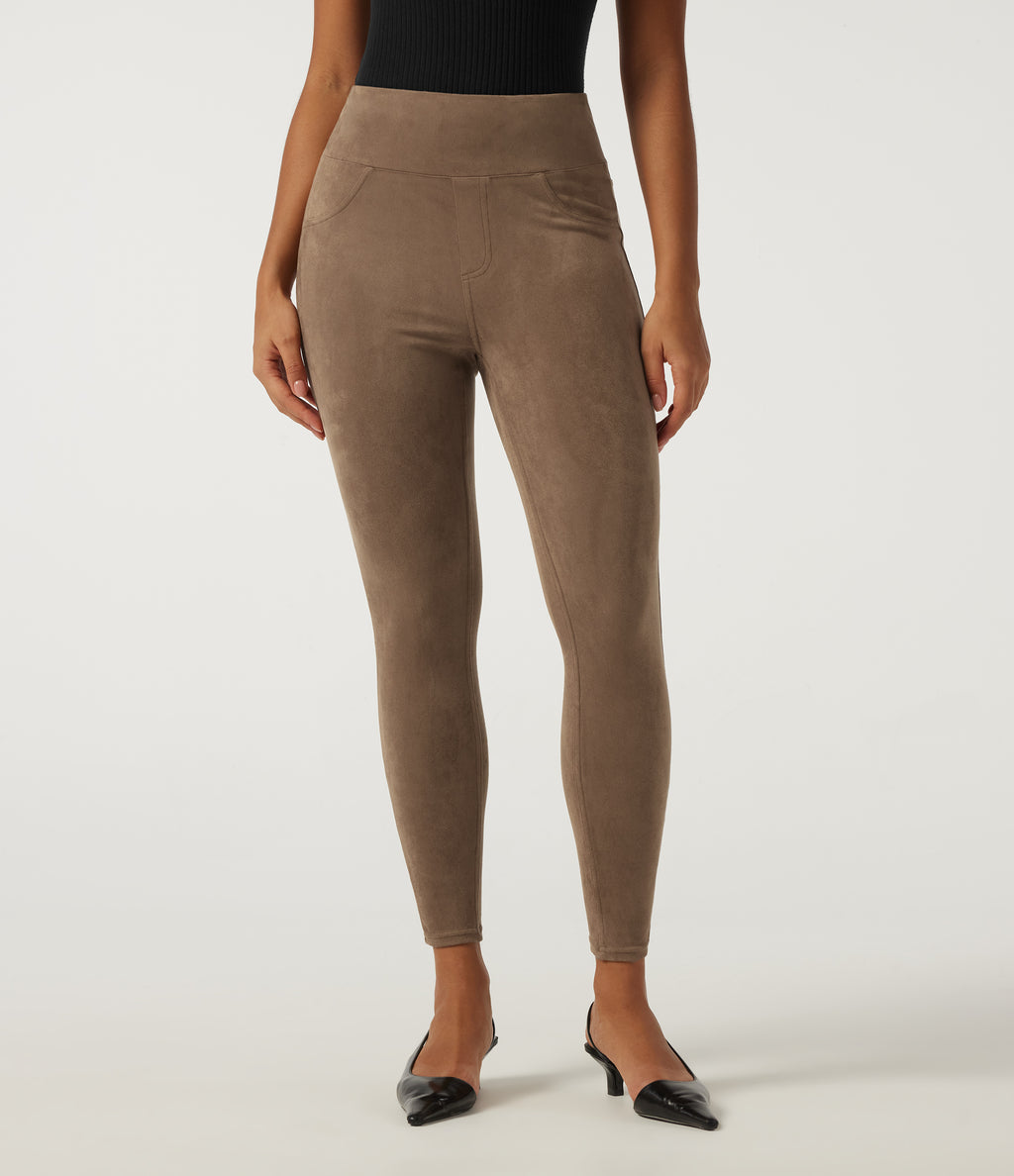High Waisted Skinny Casual Leggings with Pockets — Coca Mocha — view 3