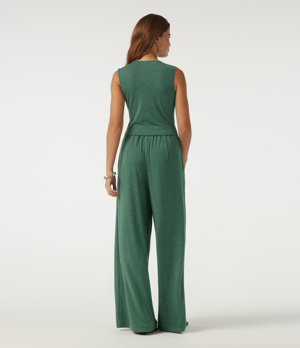 V Neck Sleeveless Casual Jumpsuit with Pockets-Edition — Dark Green Floral Yarn — view 2