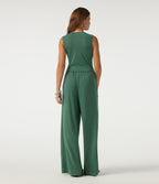 V Neck Sleeveless Casual Jumpsuit with Pockets-Edition — Dark Green Floral Yarn — view 2