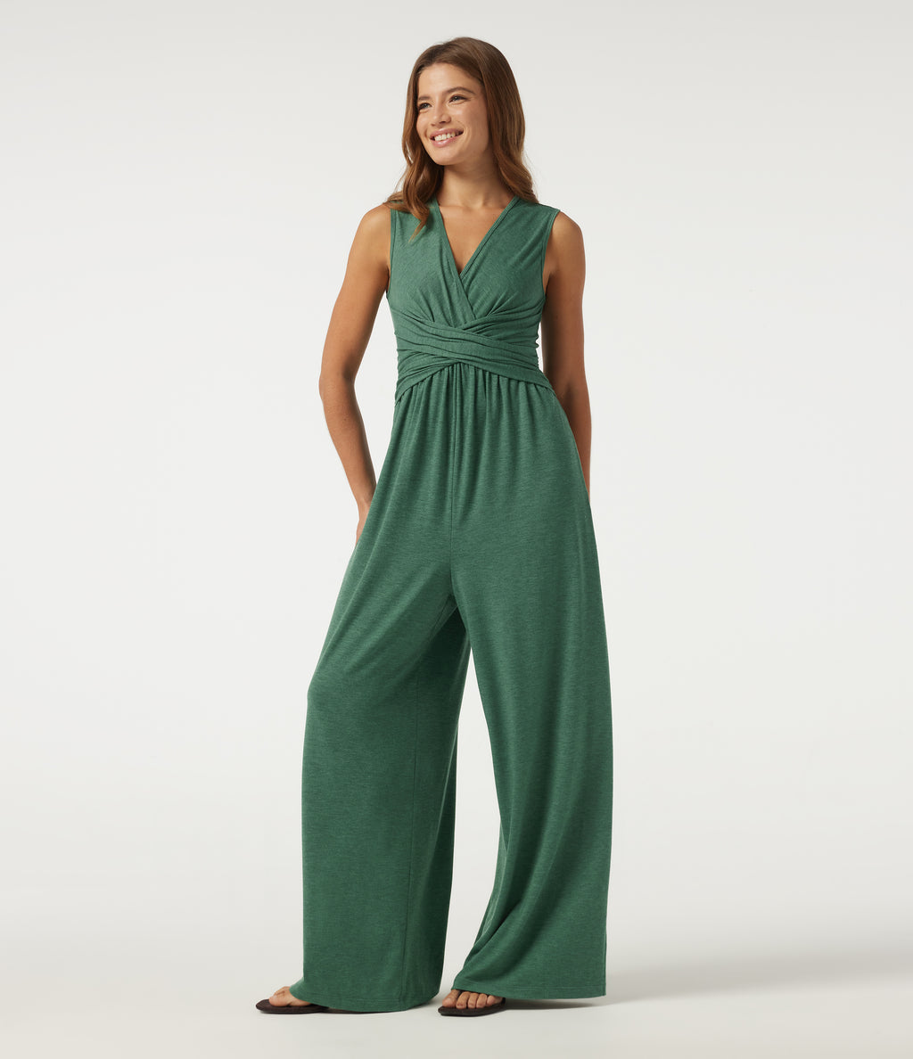 V Neck Sleeveless Casual Jumpsuit with Pockets-Edition — Dark Green Floral Yarn — view 3