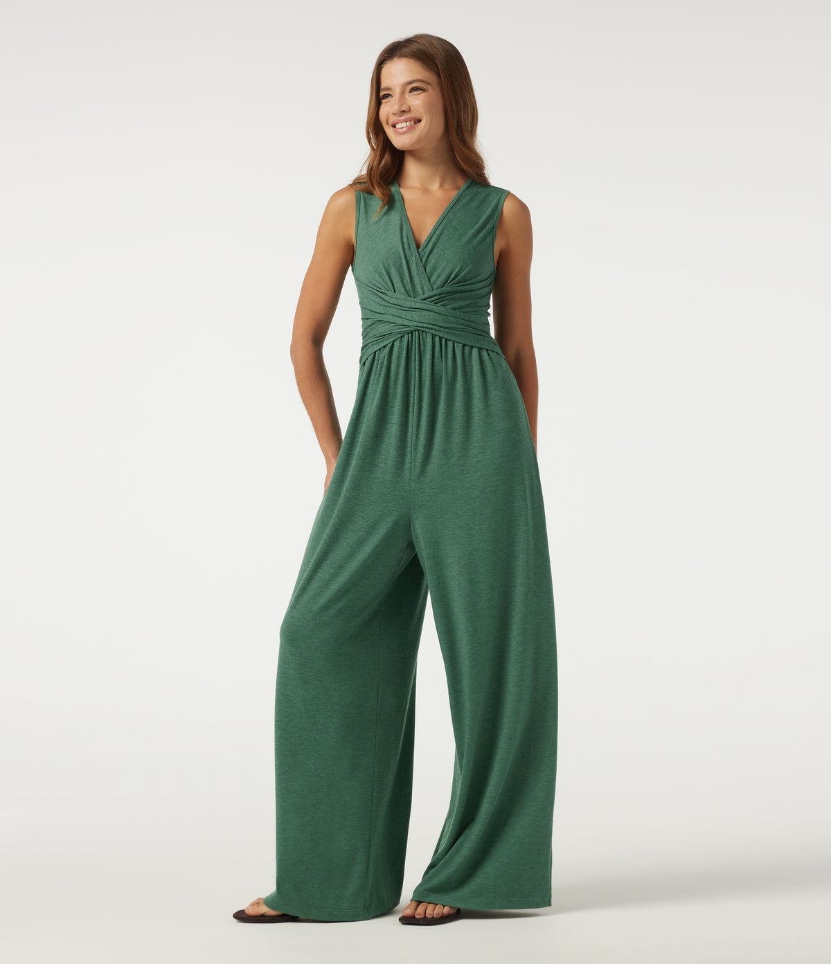 V Neck Sleeveless Casual Jumpsuit with Pockets-Edition — Dark Green Floral Yarn — view 3