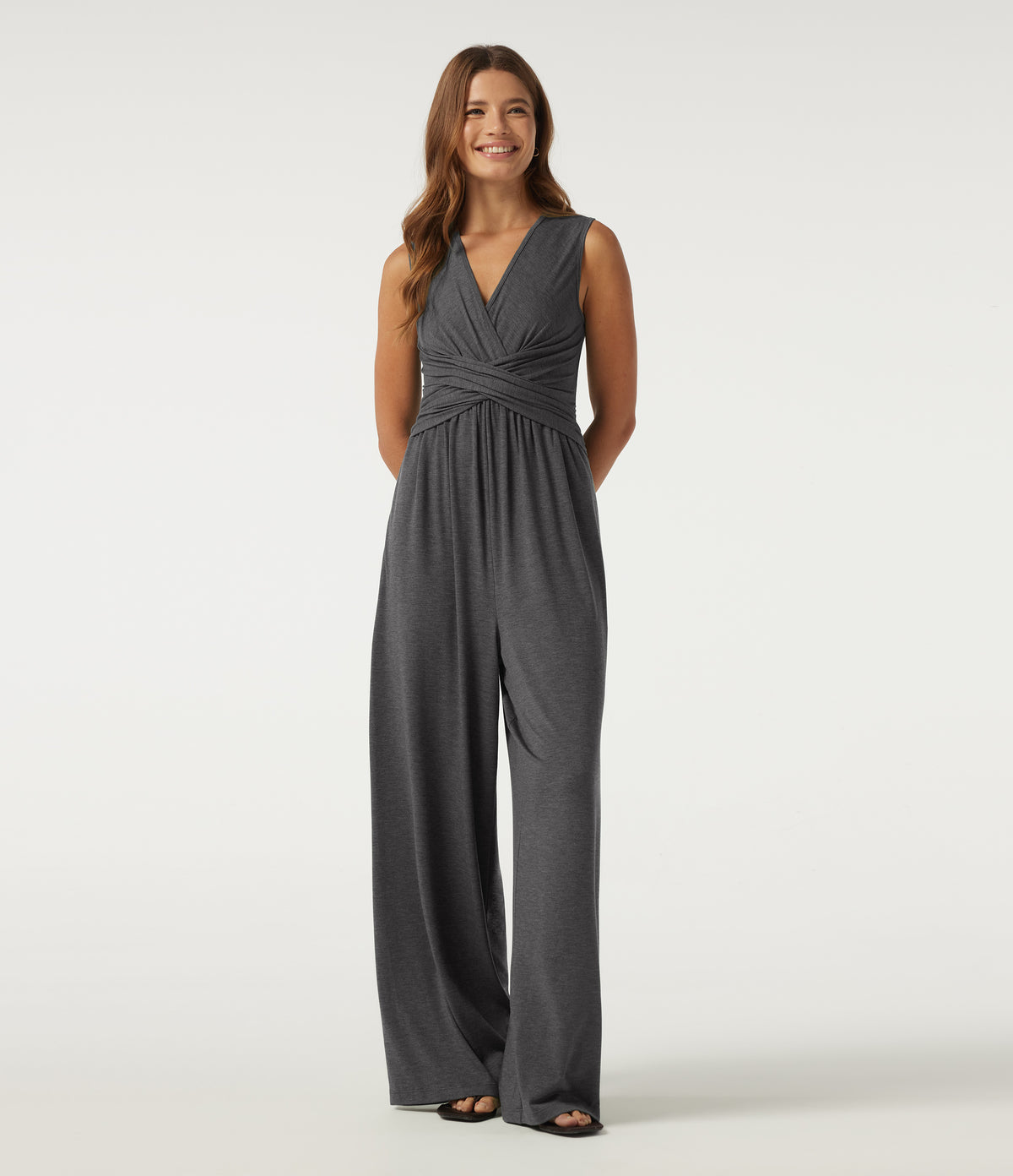 V Neck Sleeveless Casual Jumpsuit with Pockets-Edition — Darl Gray Floral Yarn — view 6
