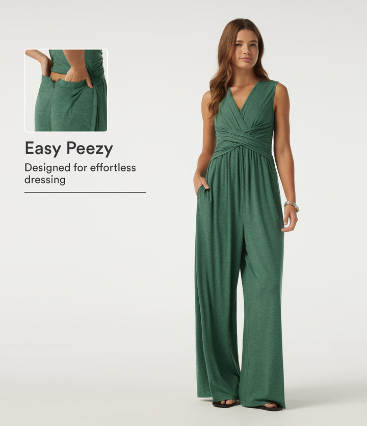 V Neck Sleeveless Casual Jumpsuit with Pockets-Edition — Dark Green Floral Yarn — view 1