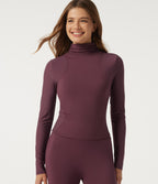 High Neck Long Sleeve Ruched Contrast Mesh Yoga Sports Top — Red Mahogany — view 1