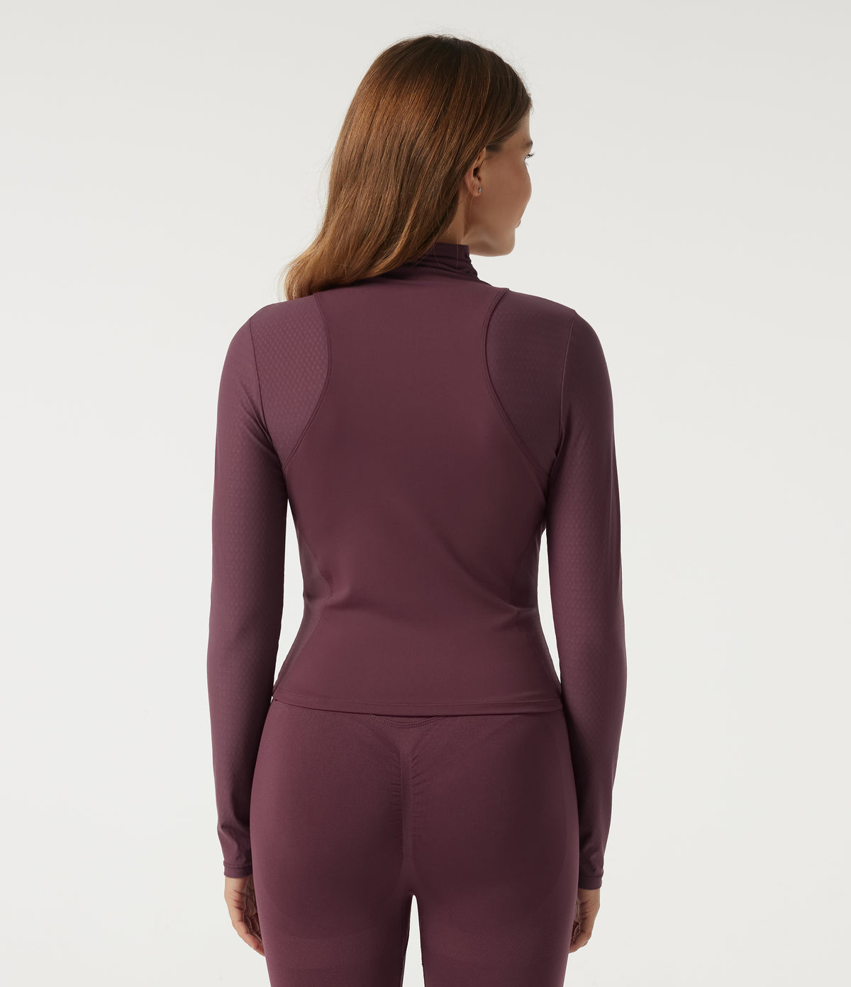 High Neck Long Sleeve Ruched Contrast Mesh Yoga Sports Top — Red Mahogany — view 2
