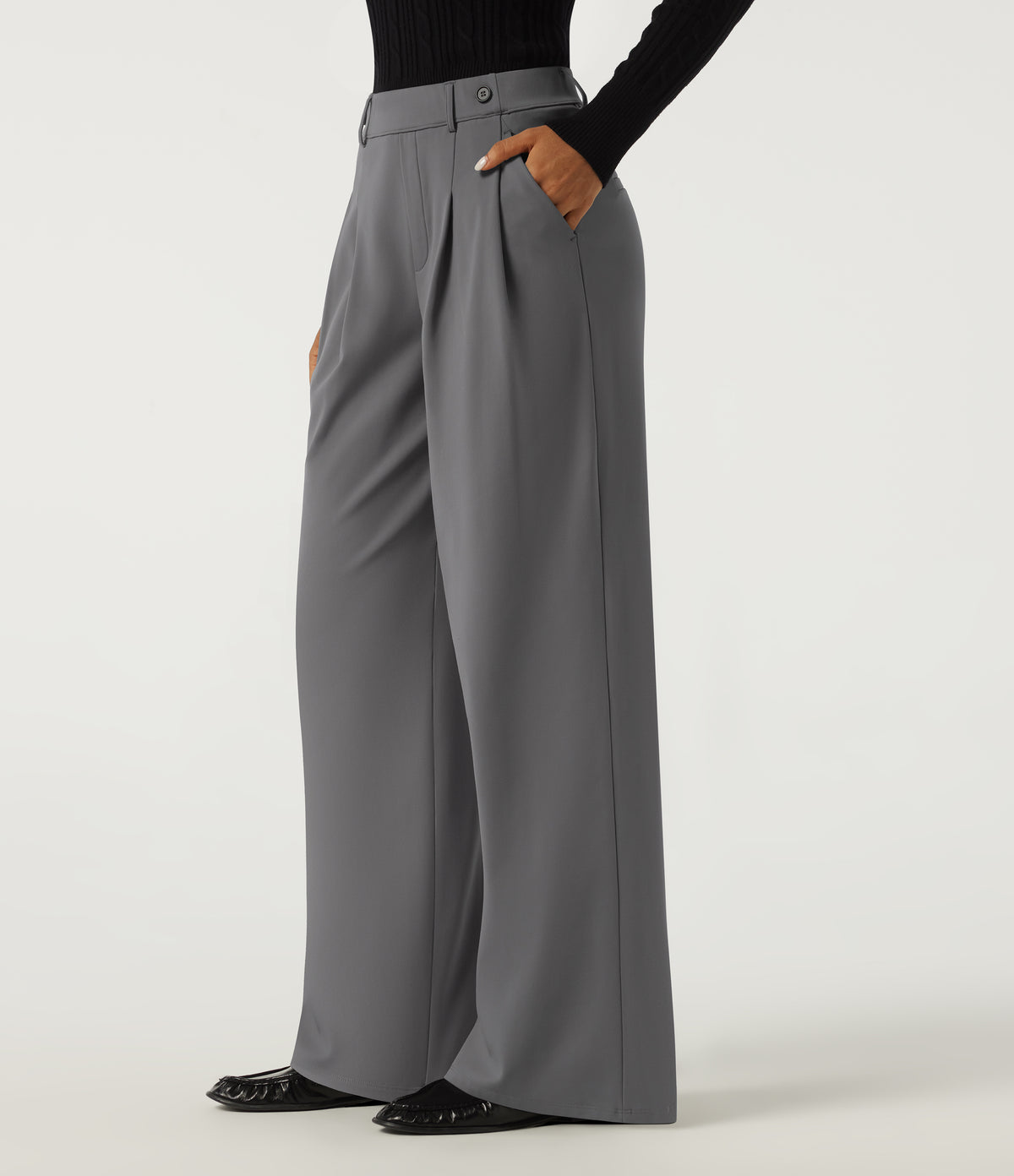 Mid Rise Wide Leg Fleece Work Trousers with Pockets — Silent Storm — view 3