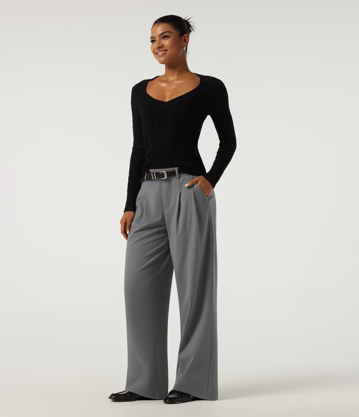 Mid Rise Wide Leg Fleece Work Trousers with Pockets — Silent Storm — view 7