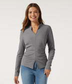 V Neck Long Sleeve Ruched Casual Top — Ultimate Gray — view 3