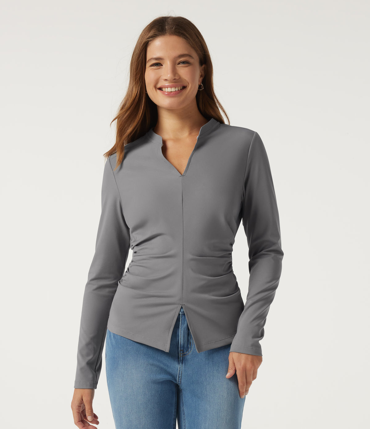 V Neck Long Sleeve Ruched Casual Top — Ultimate Gray — view 3