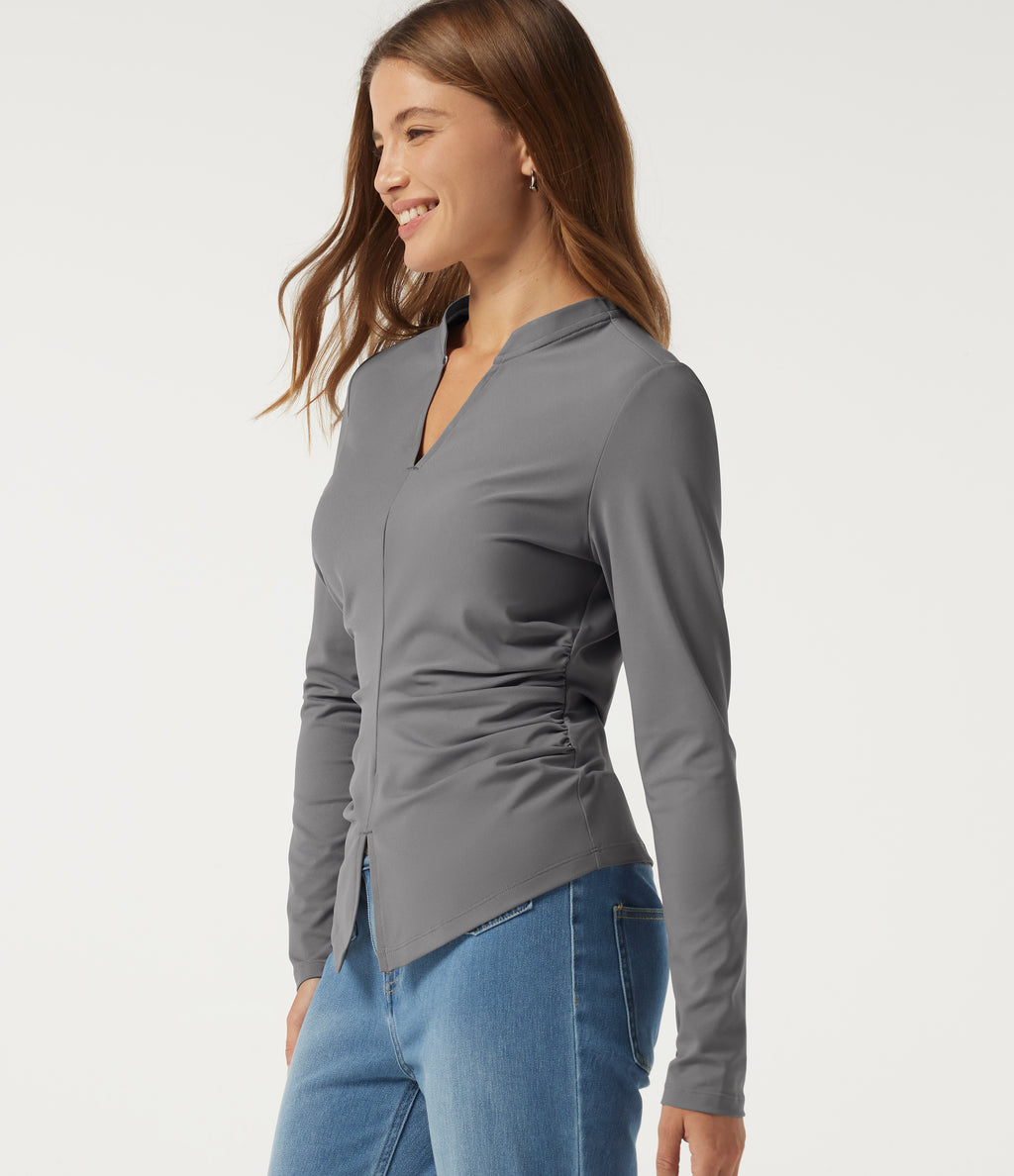 V Neck Long Sleeve Ruched Casual Top — Ultimate Gray — view 1
