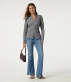 V Neck Long Sleeve Ruched Casual Top — Ultimate Gray — view 7