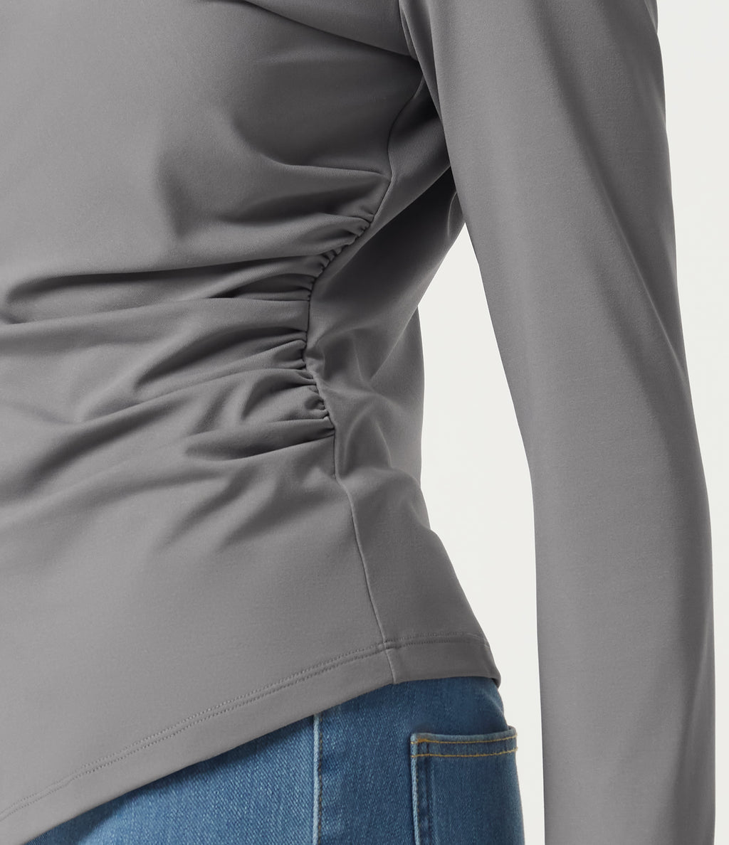 V Neck Long Sleeve Ruched Casual Top — Ultimate Gray — view 6