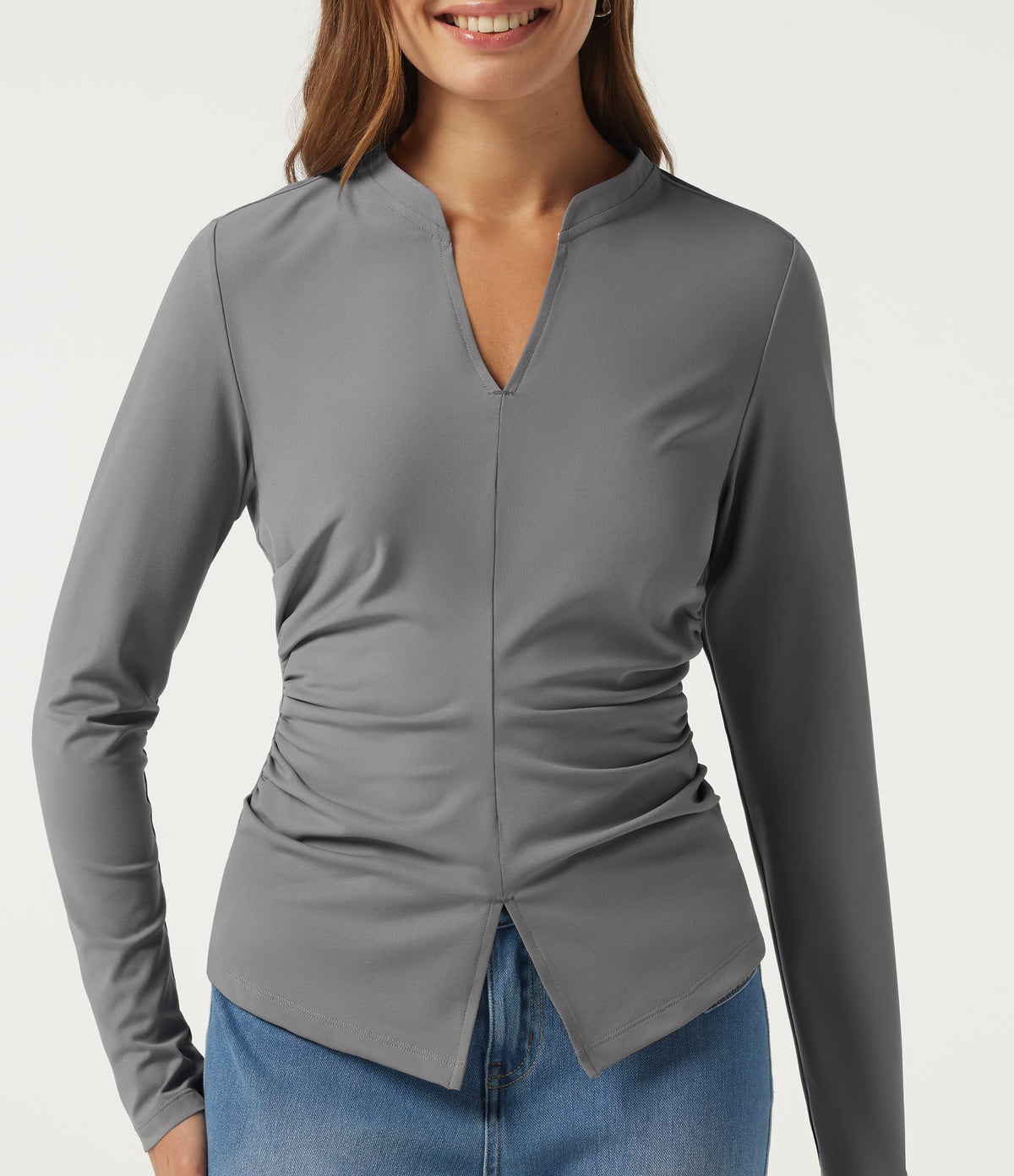 V Neck Long Sleeve Ruched Casual Top — Ultimate Gray — view 5