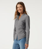 V Neck Long Sleeve Ruched Casual Top — Ultimate Gray — view 4