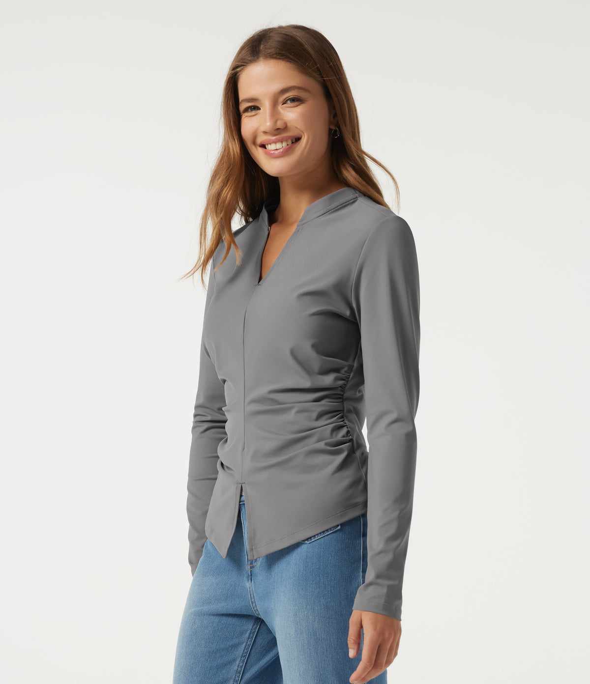 V Neck Long Sleeve Ruched Casual Top — Ultimate Gray — view 4